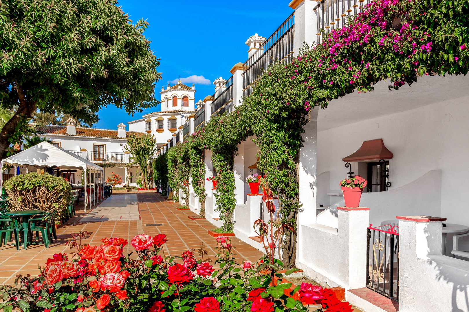 a white building with flowers on the side